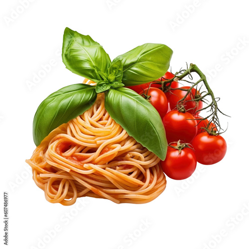 Traditional Italian linguini pasta with tomatoes and basil isolated on transparent background, created with generative AI