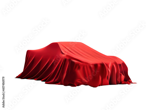 New design car promotion covered with red cloth isolated on transparent background, created with generative AI
