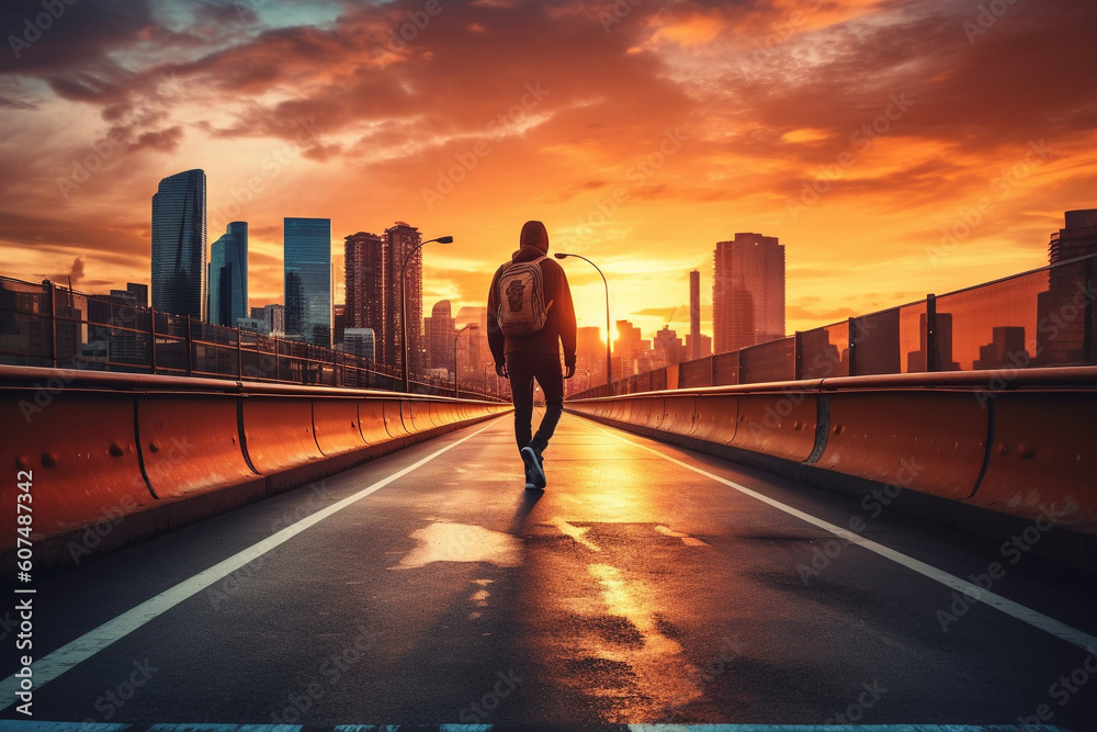 Skater gracefully gliding through the city streets against a breathtaking sunset backdrop. Ai generated