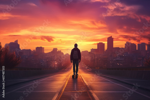 Skater gracefully gliding through the city streets against a breathtaking sunset backdrop. Ai generated © twindesigner