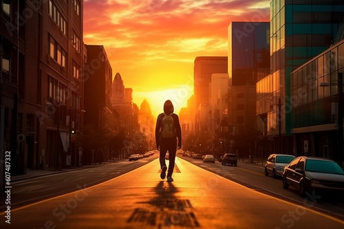 Skater gracefully gliding through the city streets against a breathtaking sunset backdrop. Ai generated