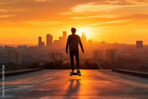 Skater gracefully gliding through the city streets against a breathtaking sunset backdrop. Ai generated