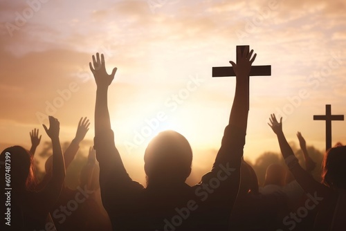Christian raising hands in praise worship and prayer to god with White cross at sunrise, Generative AI