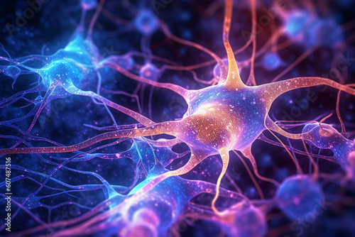 Close-up view of a vibrant neuron, intricately woven with its dendrites extending and intertwining with other neurons. Ai generated