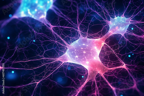 Close-up view of a vibrant neuron  intricately woven with its dendrites extending and intertwining with other neurons. Ai generated