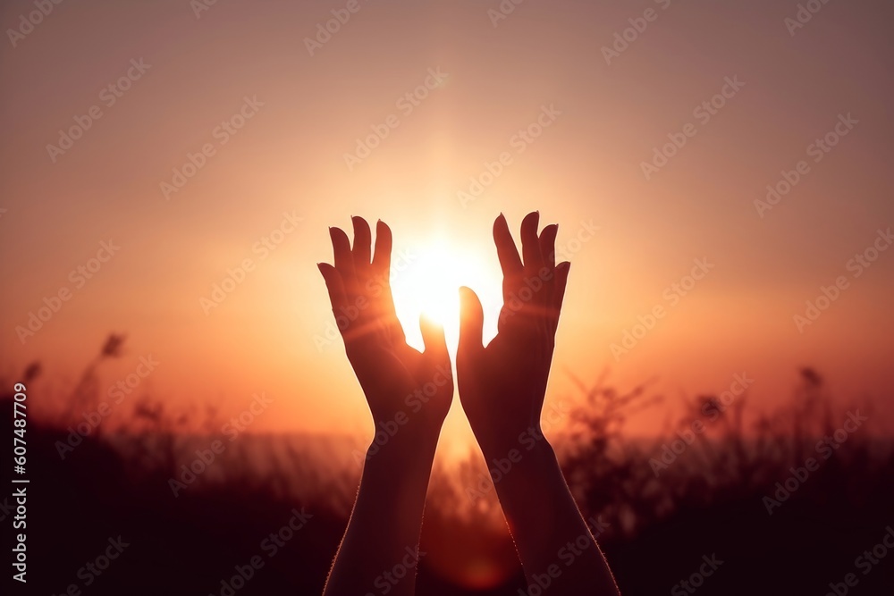 Free concept: Raised hands catching sun on sunset sky, Generative AI