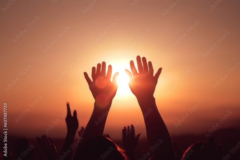 Free concept: Raised hands catching sun on sunset sky, Generative AI