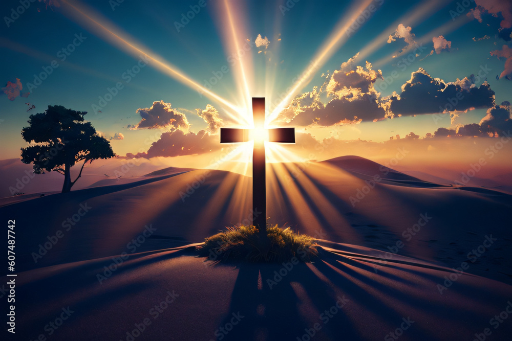 The cross of God in the rays of the sun. Cross on the hill. Religious