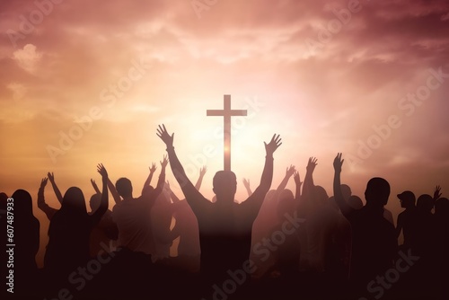 Easter and Good Friday concept, Silhouette many people raised hands worship god over sunset cross background, Generative AI