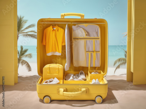 Open yellow suitcase with clothes for tourism travel on the beach