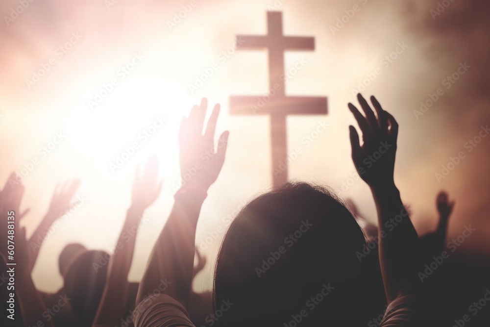 Easter and Good Friday concept,  soft focus of Christian worship with raised hand on white cross background, Generative AI