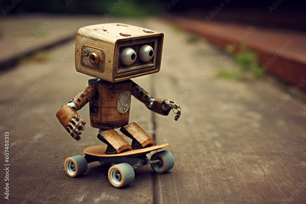 Small, comical robot expertly maneuvering on a skateboard representing the sheer joy and lightheartedness of a robot embracing the freedom of skateboarding. Ai generated Small, comical robot expertly maneuvering on a skateboard representing the sheer joy and lightheartedness of a robot embracing the freedom of skateboarding. Ai generated