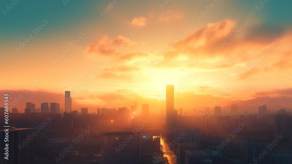 City day concept: big city at sunset background, Generative AI
