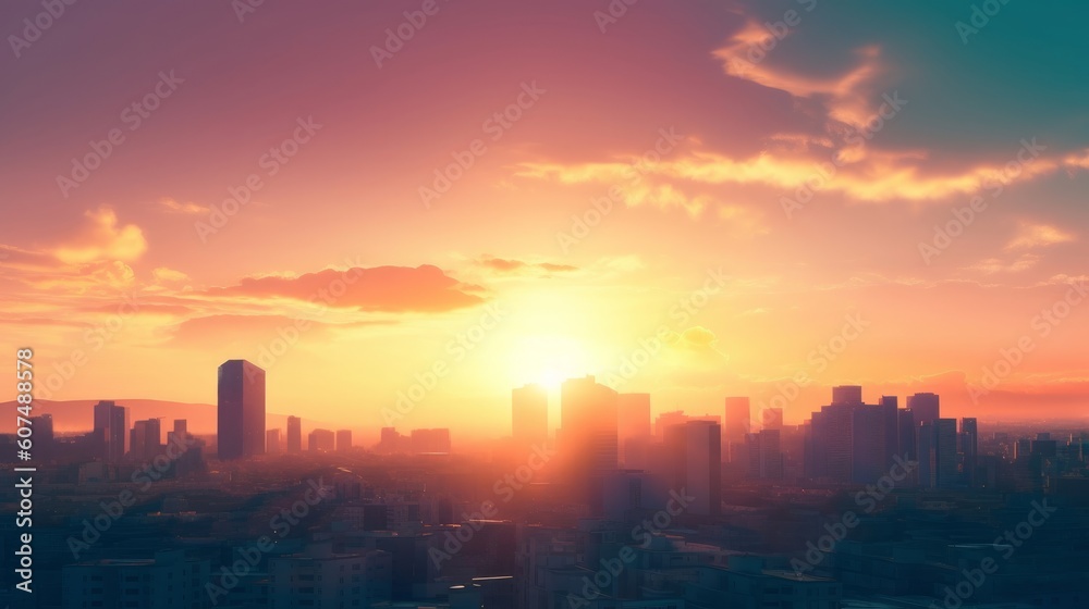 City day concept: big city at sunset background, Generative AI