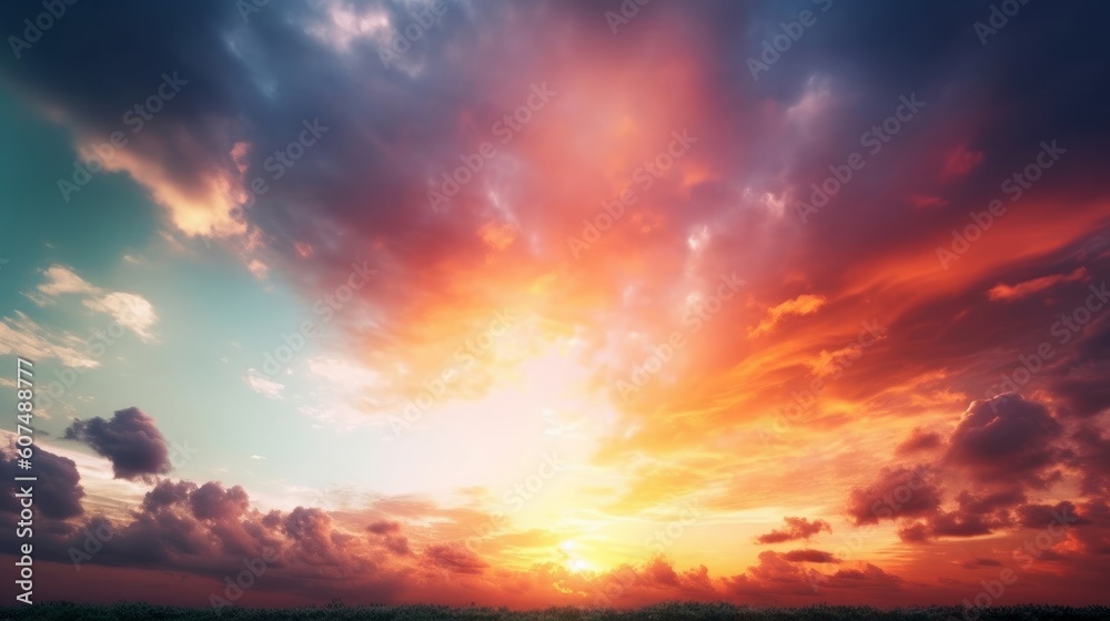 Beautiful sunset sky with multicolor clouds, Generative AI