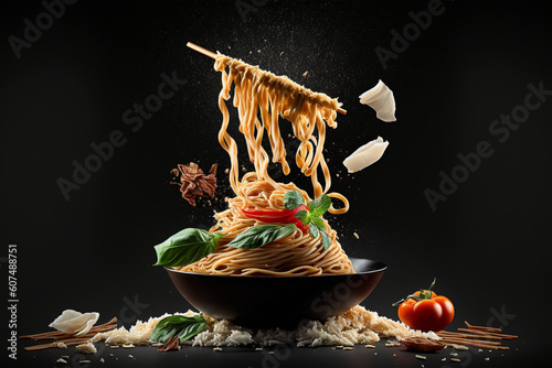 Noodles flying in the air with flying ingredients on black background. created with generative AI