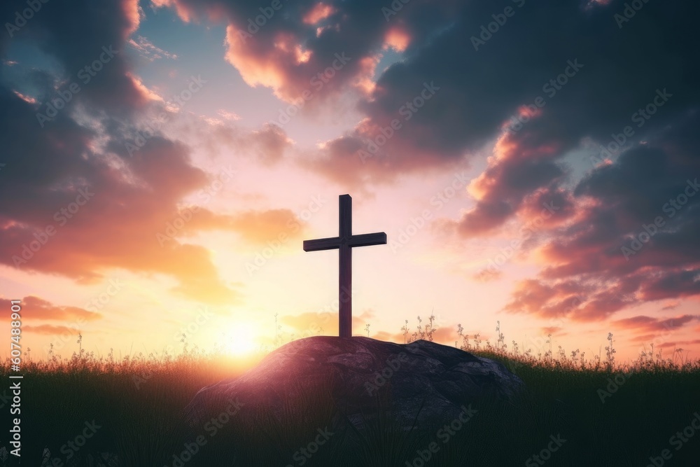 Easter concept: Concept : cross on sunset sky background, Generative AI