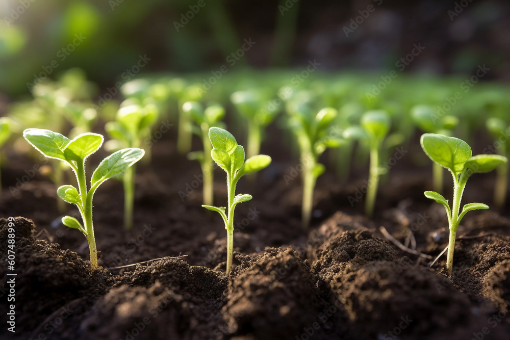 Young, vibrant plants emerge from the earth, their tender shoots reaching skyward, eager to thrive and mature. Ai generated Young, vibrant plants emerge from the earth, their tender shoots reaching skyward, eager to thrive and mature. Ai generated