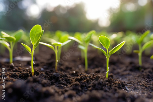 Young, vibrant plants emerge from the earth, their tender shoots reaching skyward, eager to thrive and mature. Ai generated