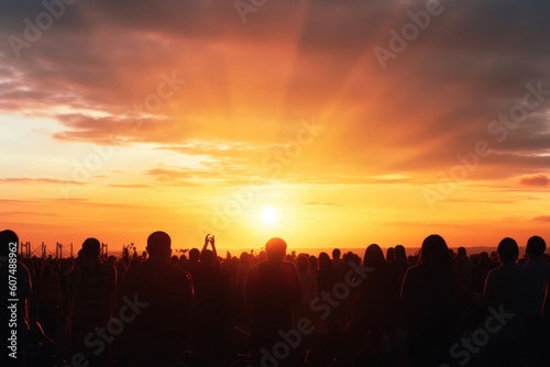 silhouettes of concert crowd in front of sunset background, Generative AI
