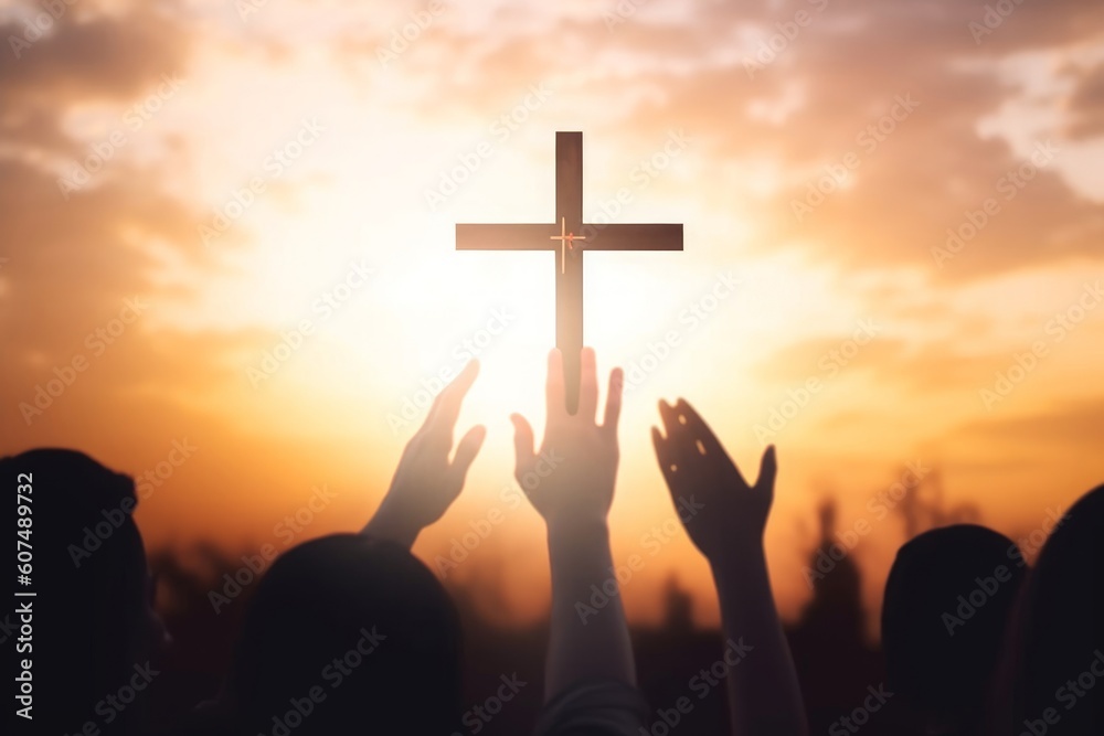 Easter and Good Friday concept,  soft focus of Christian worship with raised hand on cross sunset background, Generative AI