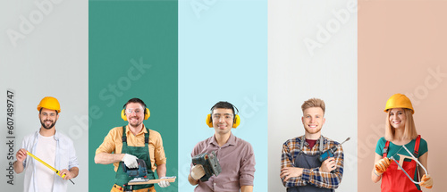 Collage of carpenters on color background photo