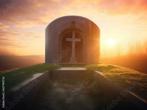 Easter concept: Tomb Empty With Crucifixion At Sunrise, Generative AI