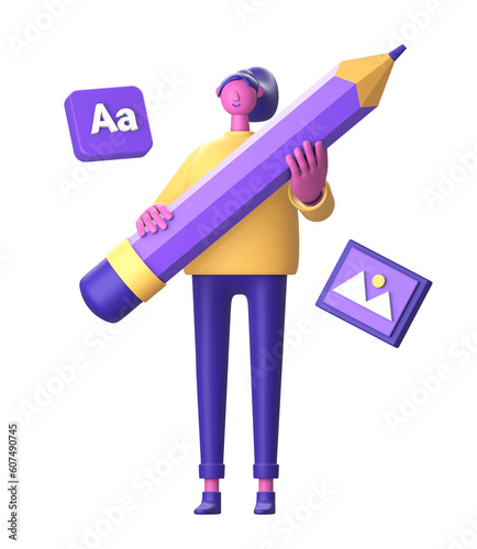 3D Character artist designer holding pencil for UI UX web mobile apps social media