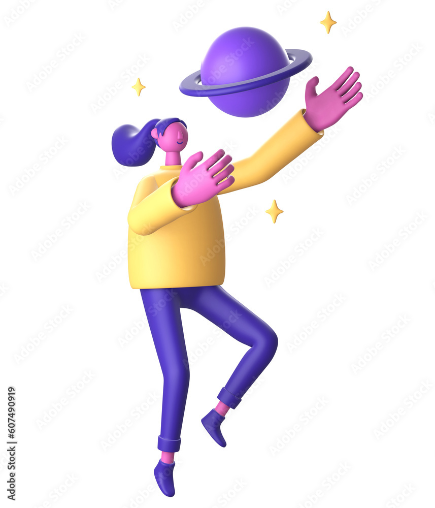3D Character in space with planet and star for UI UX web mobile apps social media