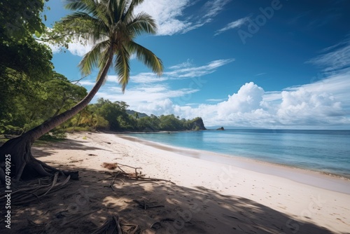 paradise beach with coconut trees at sunny weather, ai tools generated image