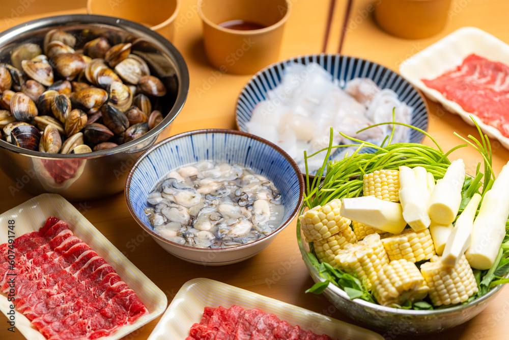 Homemade hotpot with different seafood at home Homemade hotpot with different seafood at home