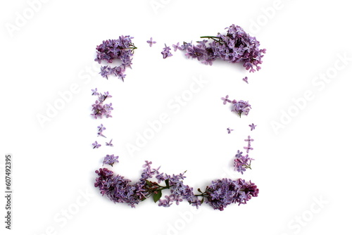 A square is laid out on a white background with lilac flowers.