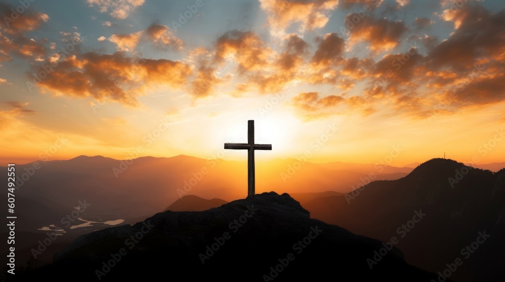 Religious day concept: Silhouette cross on  mountain sunset background, Generative AI