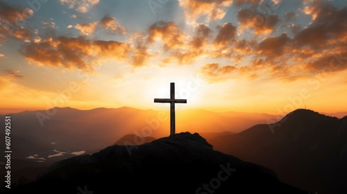 Religious day concept: Silhouette cross on mountain sunset background, Generative AI