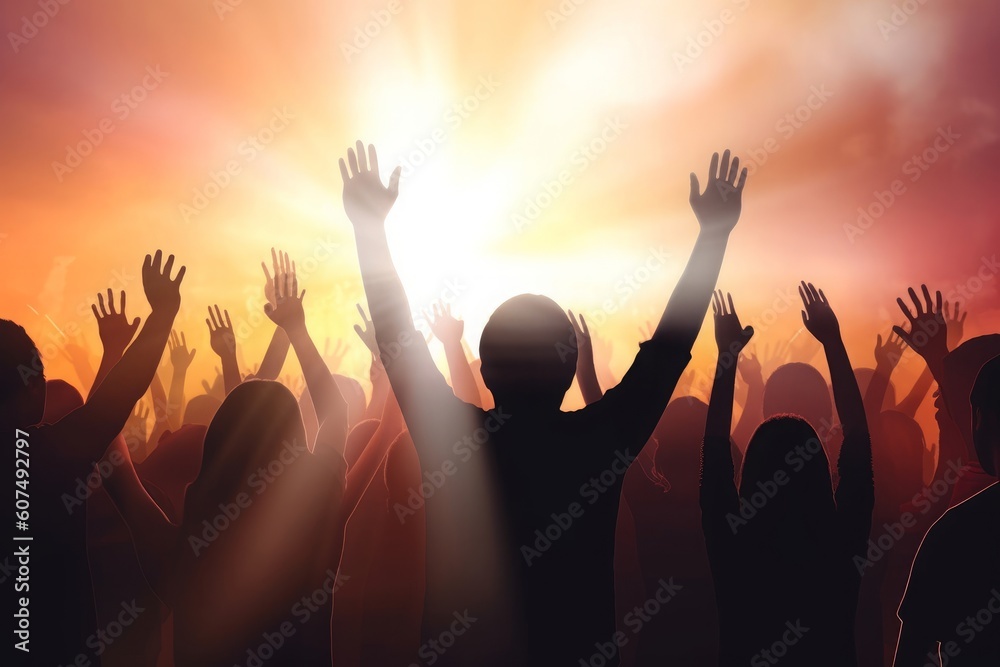 christian concept, Christian worship with raised hands, Generative AI