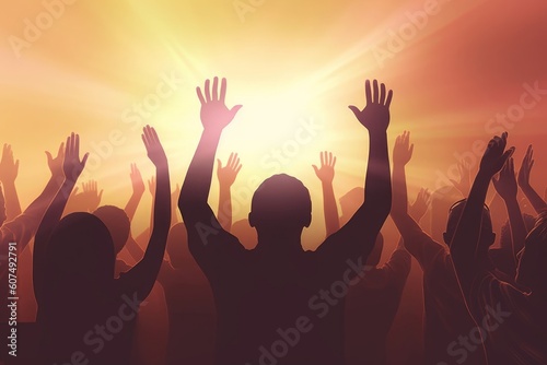 christian concept, Christian worship with raised hands, Generative AI