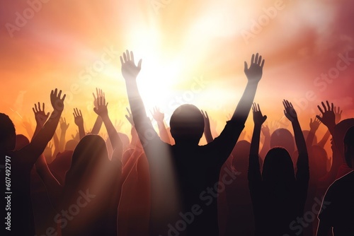 christian concept, Christian worship with raised hands, Generative AI