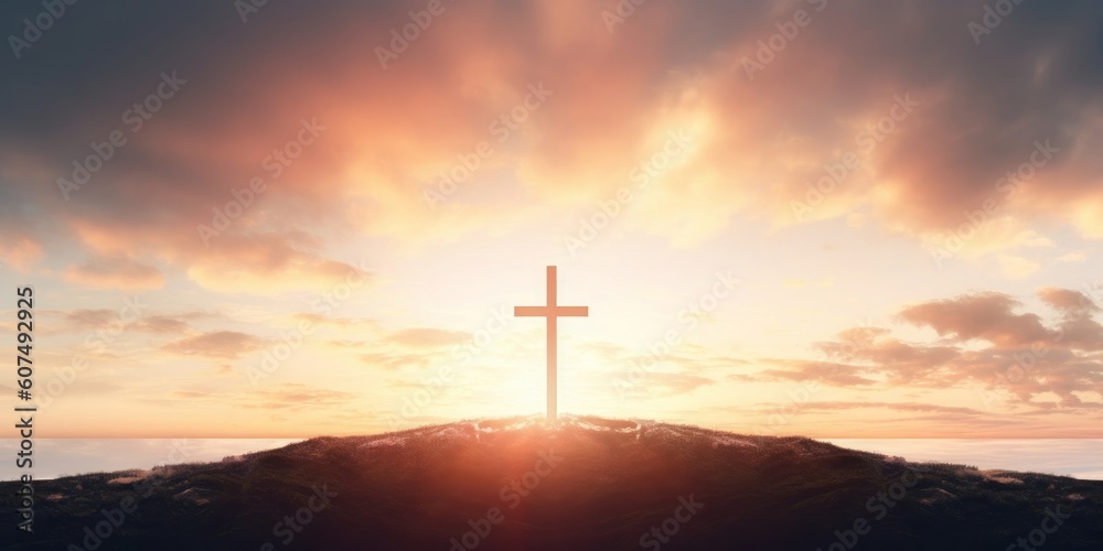 The cross of God in the rays of the sunset background, Generative AI