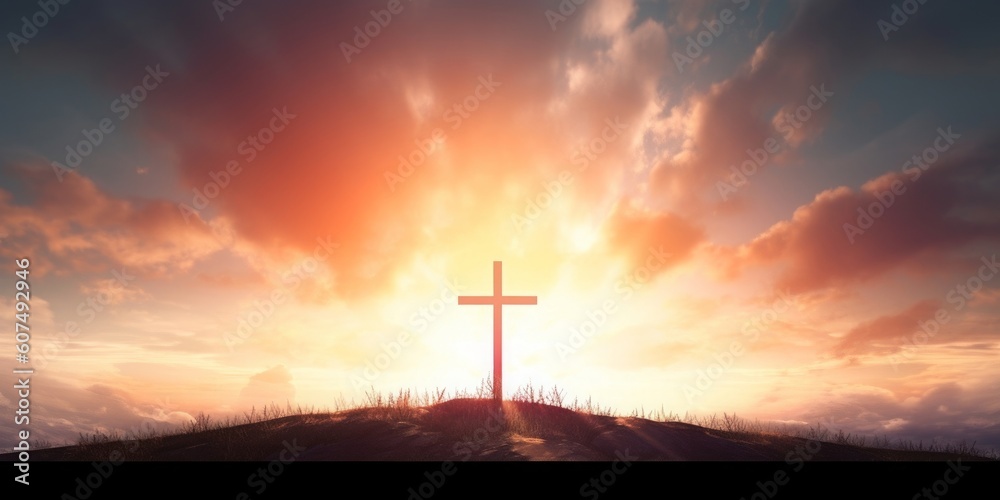Obraz premium The cross of God in the rays of the sunset background, Generative AI