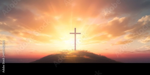 The cross of God in the rays of the sunset background, Generative AI
