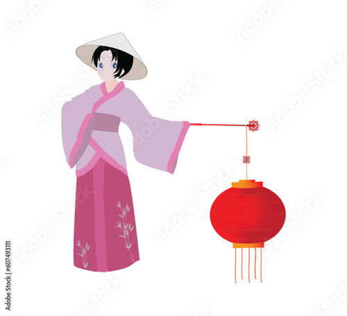 Chinese girl in traditional dress holding a Chinese lantern, cartoon chinese girl, Chinese new year character in flat vector design, pretty japanese kimono girl