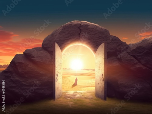 Easter concept: Empty Tomb Of Jesus Christ At Sunrise With Cross background, Generative AI