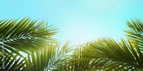 World Environment Day concept: Palm Tree Leaves  on blue sky background, Generative AI © Raool