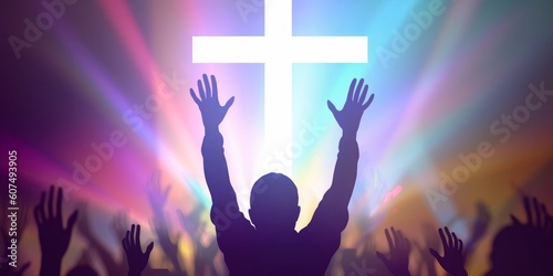 Leinwand Poster Easter and Good Friday concept, soft focus of Christian worship with raised hand