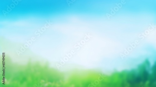 World Environment Day concept: Abstract blurred beautiful green and blue sky  background, Generative AI