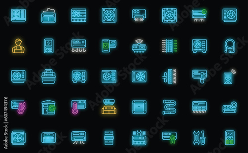 Installation of air conditioner icons set outline vector. Air conditioning. Climate work neon color on black