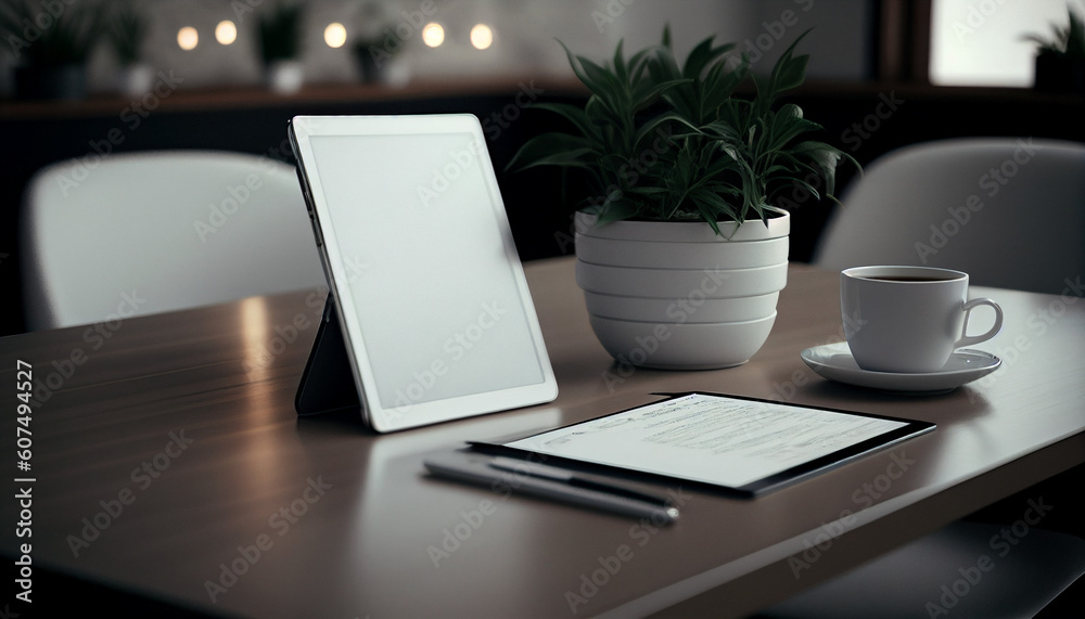 Blank tablet screen, workstation scenario, business, wooden table for your presentation. AI generated. Blank tablet screen, workstation scenario, business, wooden table for your presentation. AI generated.