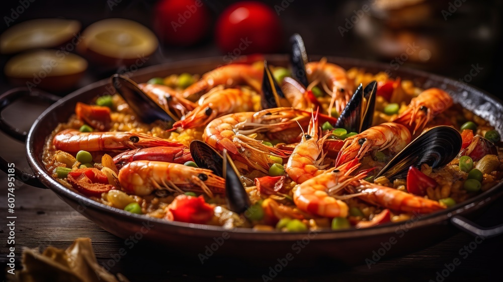 Illustration of a delicious seafood paella, a traditional Spanish dish created with Generative AI technology