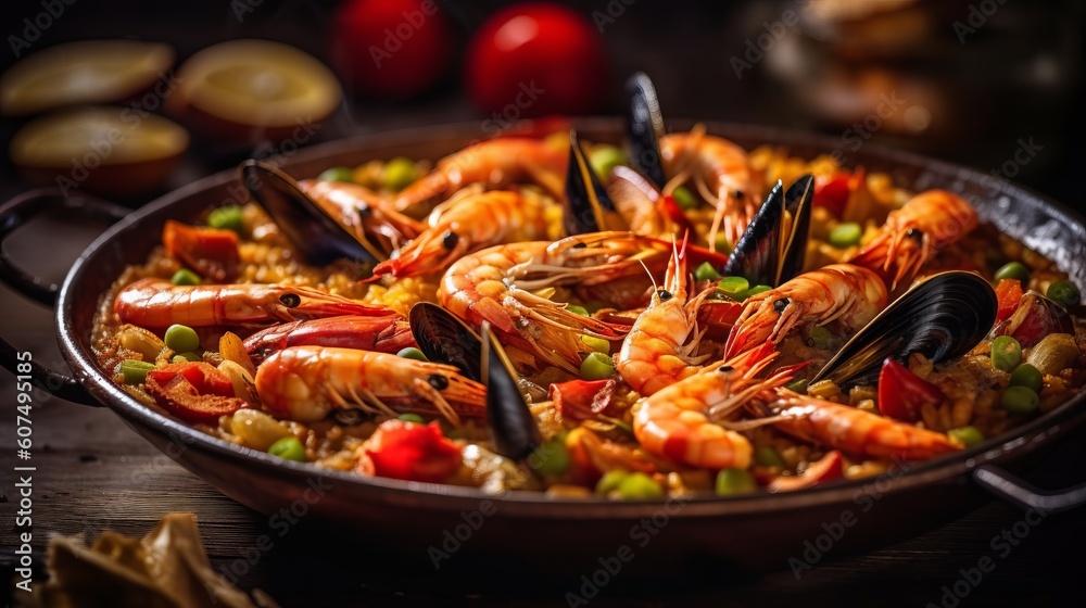 Illustration of a delicious seafood paella, a traditional Spanish dish created with Generative AI technology Illustration of a delicious seafood paella, a traditional Spanish dish created with Generative AI technology