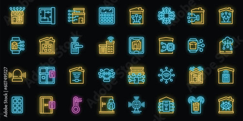 Smart home installation icons set outline vector. Internet system. Home touch neon color on black